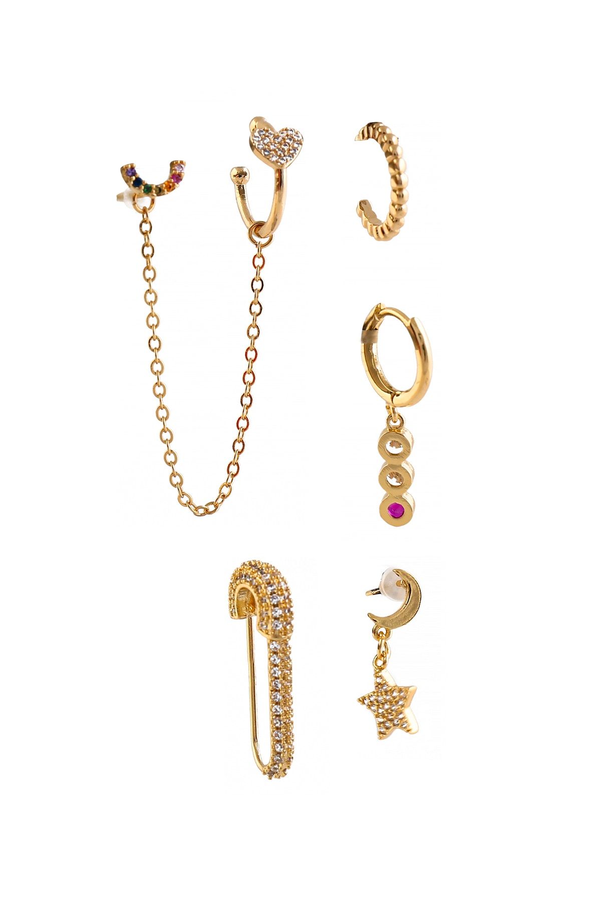 New Obsessions Kadın Gold Zincirli 6 lı Küpe Seti
