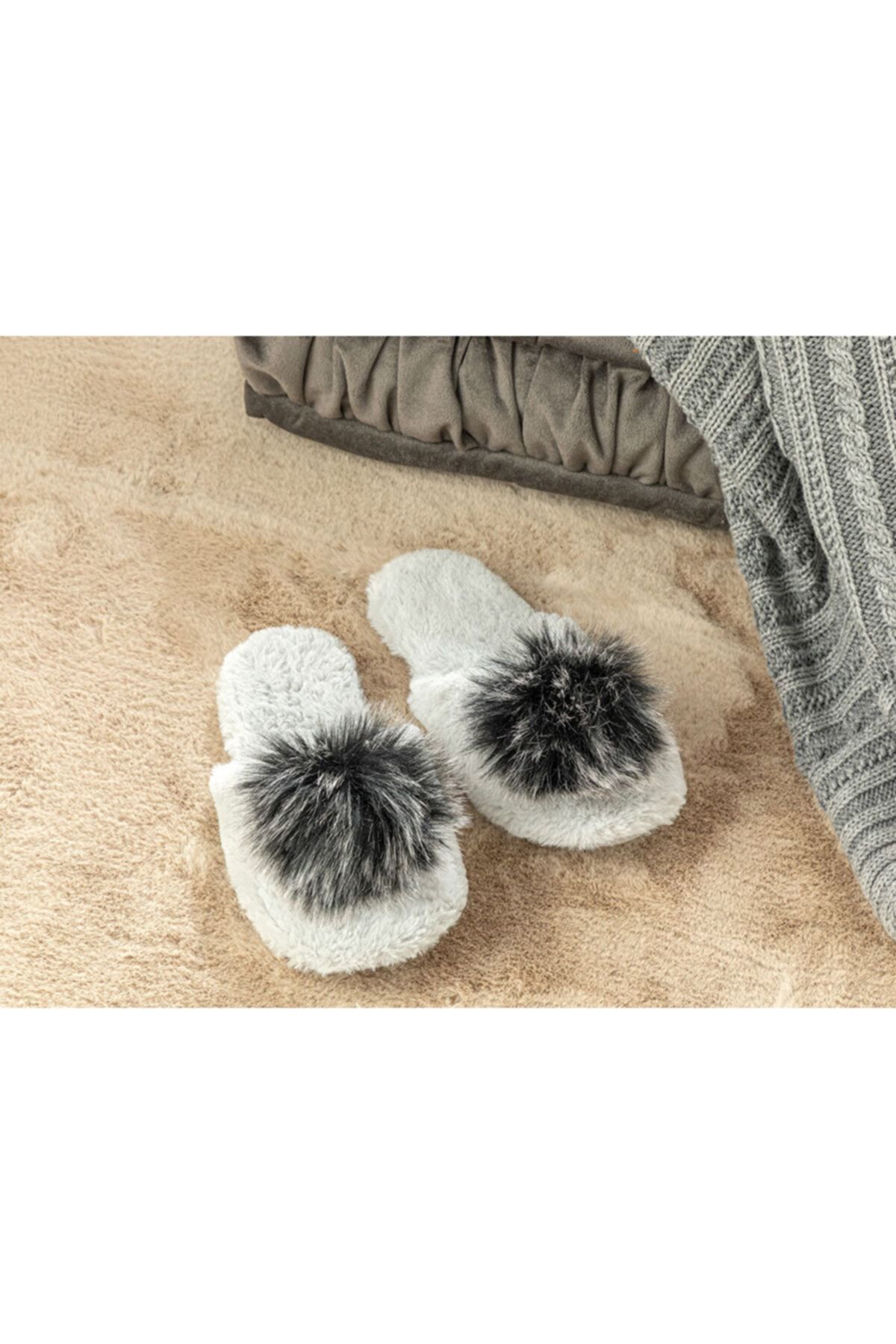 English Home Pompom Peluş Kadın Ev Terliği 38 Açık Gri
