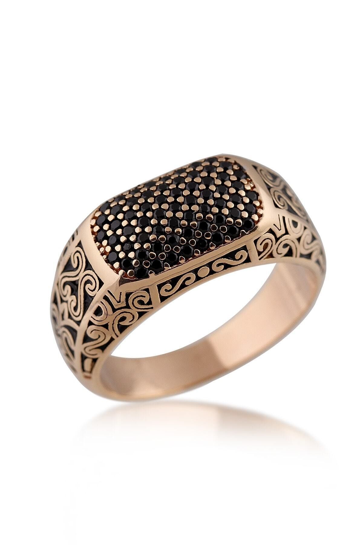 Valori Jewels Siyah Zirkon Taşlı, Kırmızı Altın Kaplama, Gümüş Erkek Yüzüğü