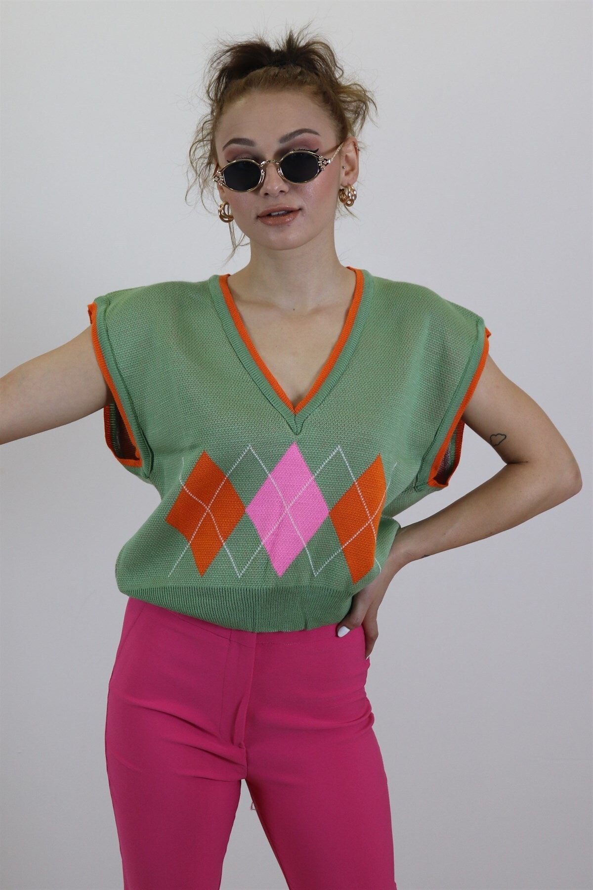 LOOKBUTİK Look Baklava Desenli Kısa Süveter - Yeşil