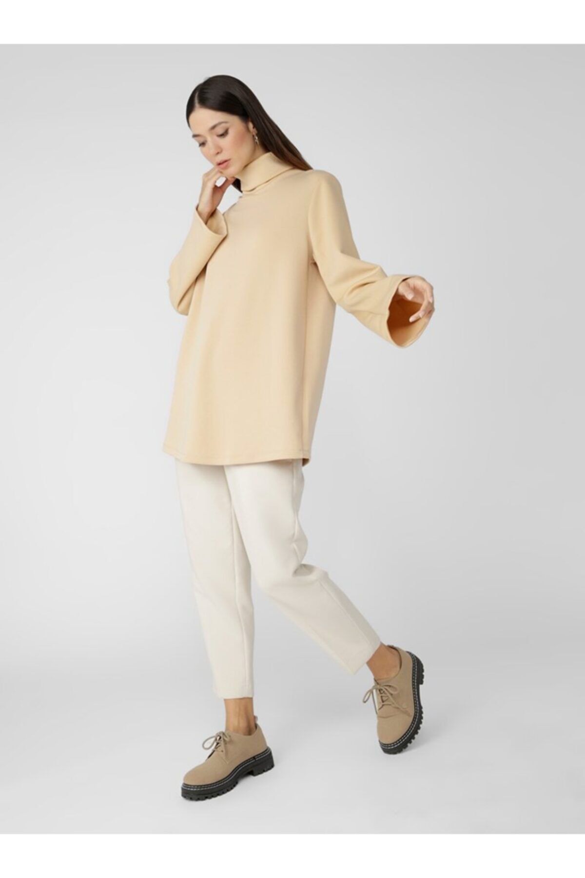 Refka Yüksek Yaka Scuba Tunik - Bej - Casual