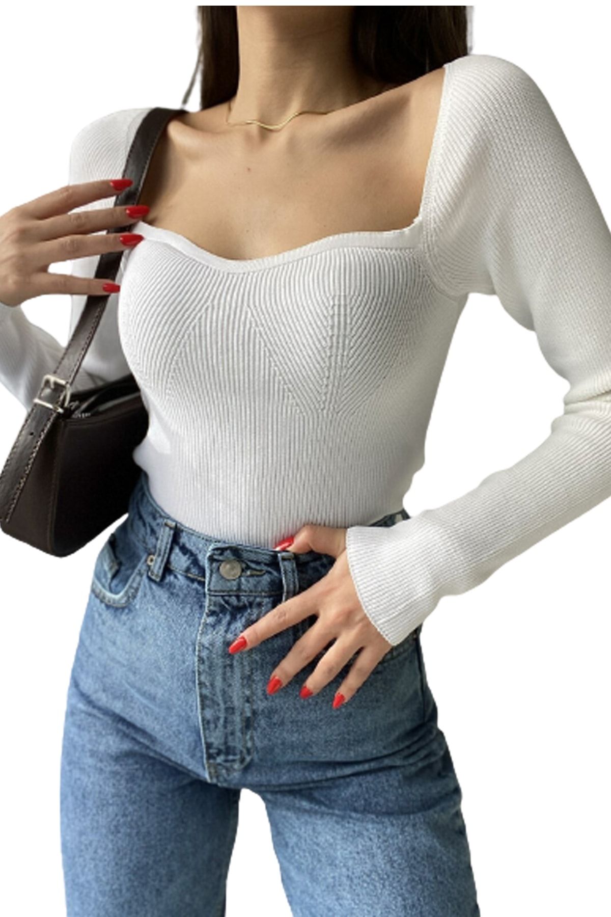 KYLE XM Kadın Ekru Kalp Yaka Triko Kazak Slimfit
