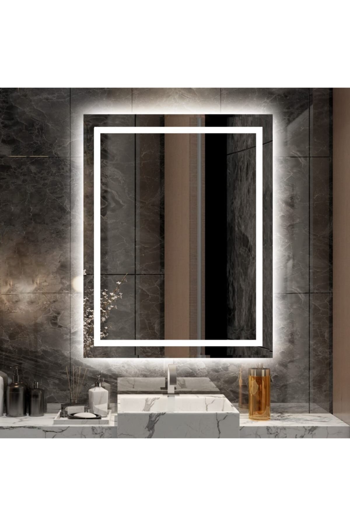 NUUN DEKOR 80x60 cm Beyaz Ledli Kumlamalı Banyo Aynası Prizli