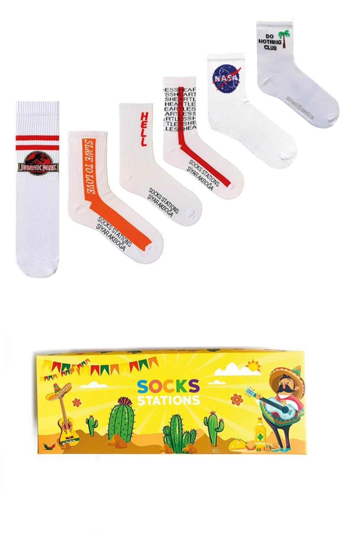 Socks Stations 6'lı Beyaz Tenis Desenli Renkli Çorap Kutusu