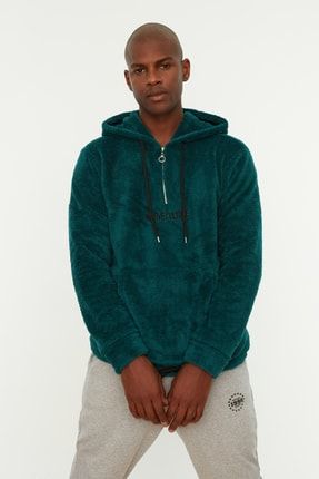 TRENDYOL MAN Petrol Erkek Uzun Kollu Fermuarlı Kadife Kanguru Cepli Kapüşonlu Sweatshirt TMNAW20SW0600