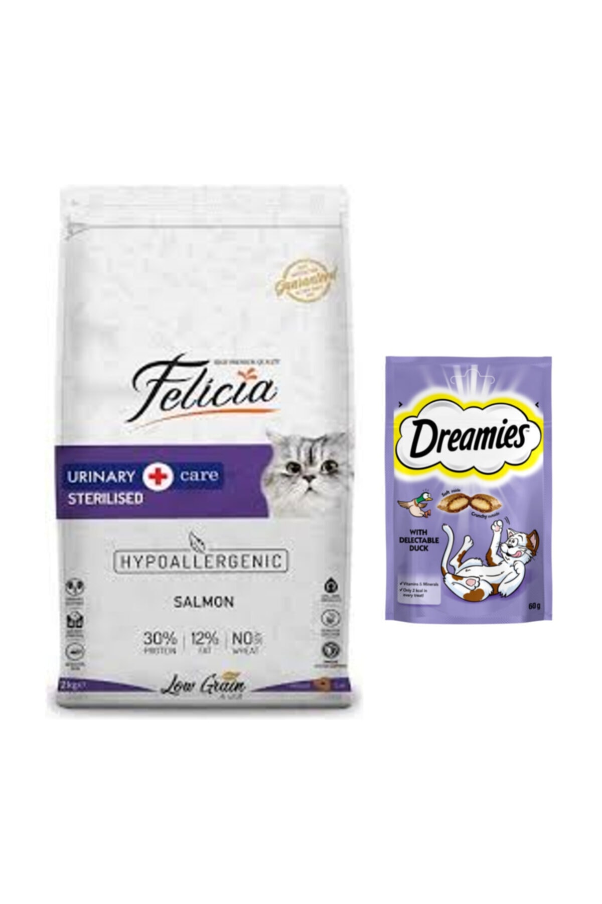 Felicia Adult Cat Light & Sterilised Somonlu Kısır Kedi Maması 2 Kg + Dreamies Ördekli Kedi Maması 60gr