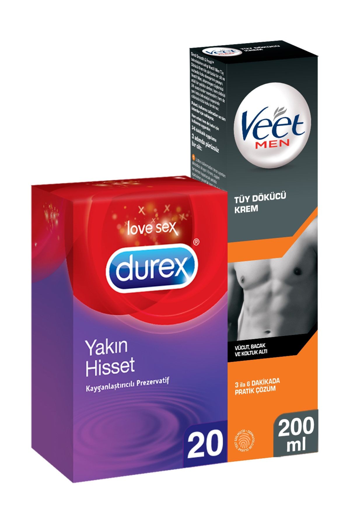 Durex Yakın Hisset 20li Prezervatif + Veet For Men Tüy Dökücü Krem 200 ml