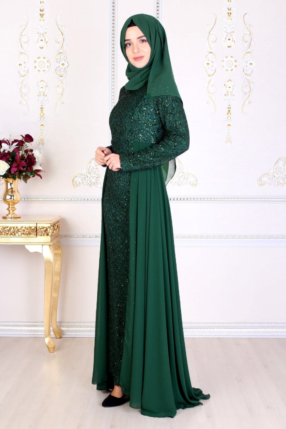 Feiza Collection Kadın Payetli Tesettür Abiye Elbise - Yeşil