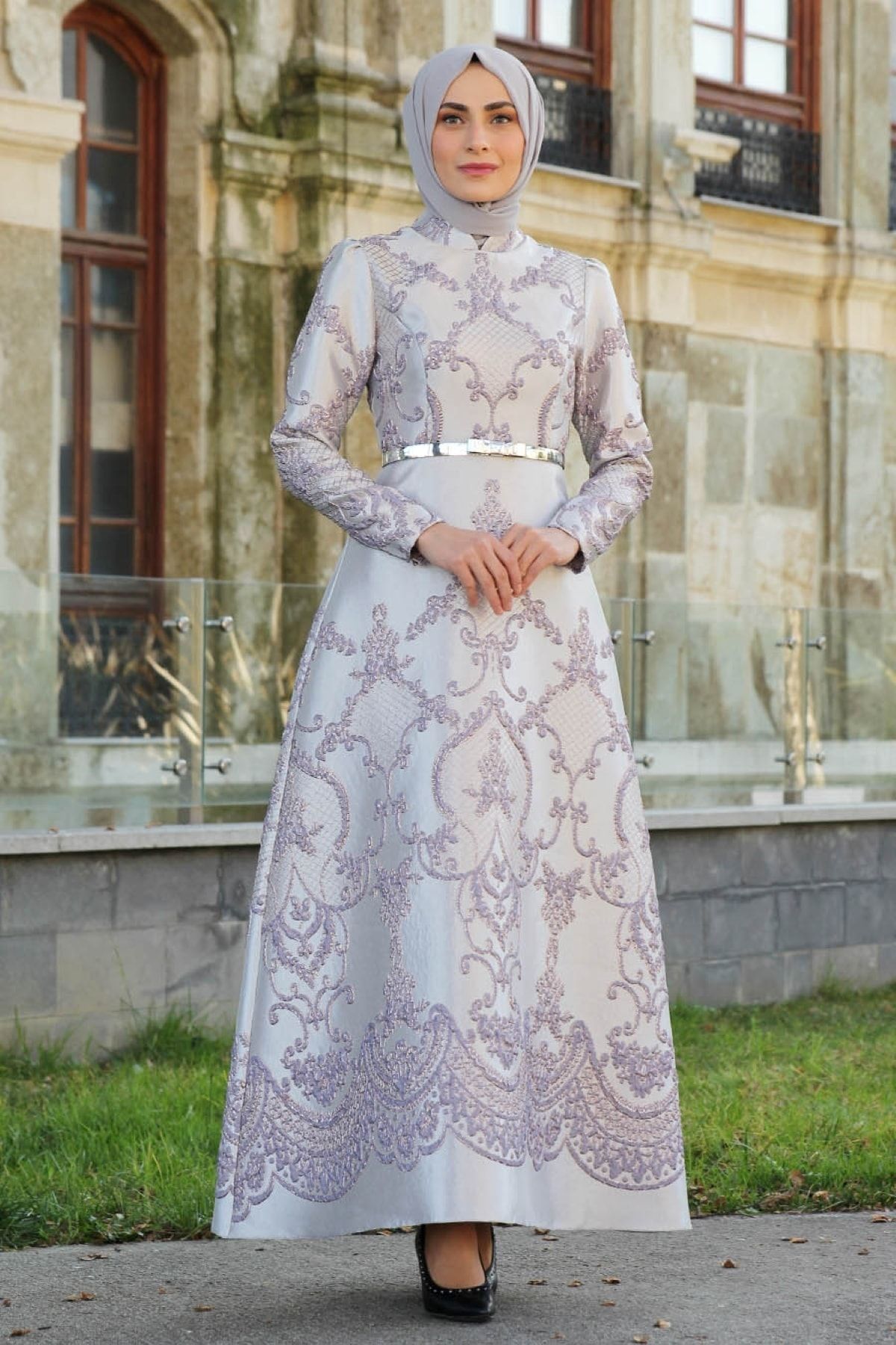 Feiza Collection Brokar Kumaş Tesettür Abiye - Gri