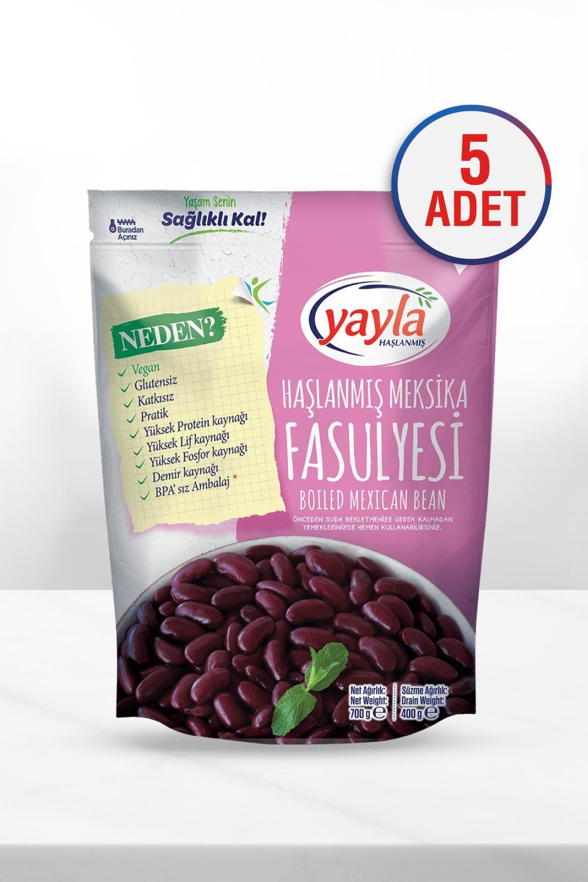 Yayla Haşlanmış Meksika Fasulyesi 700 gr 5'li Paket