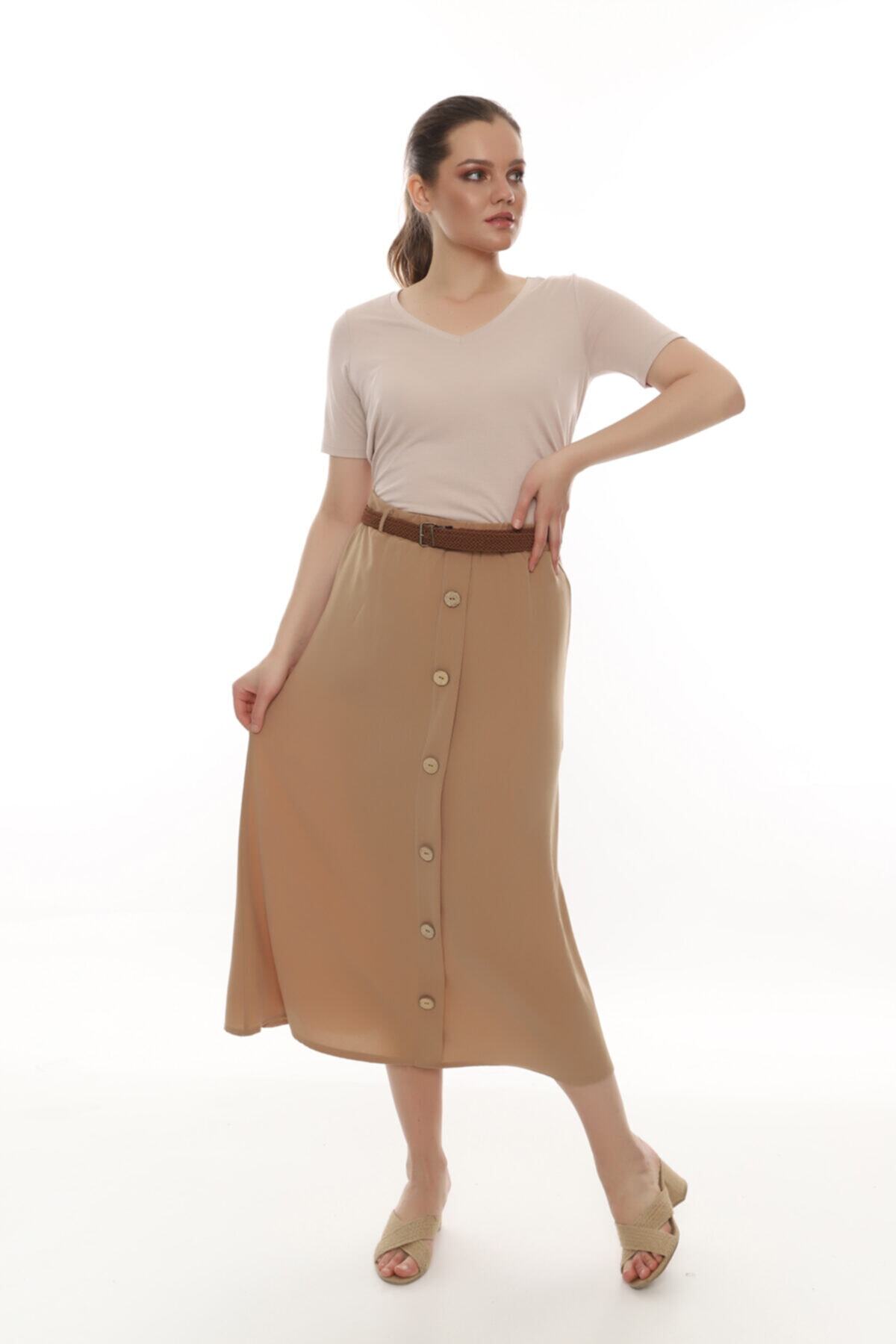 Moylin Kadın Vizon Kemerli Düğmeli Uzun Etek 00135