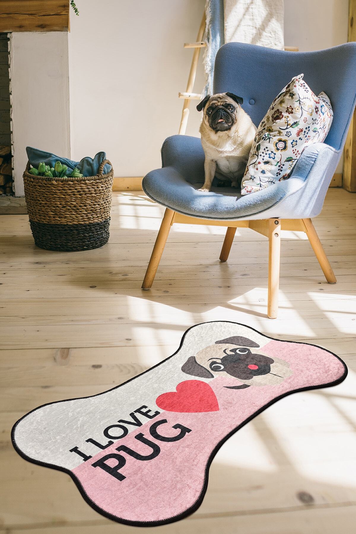 Chilai Home I LOVE PUG DJT 80x140 cm Pet Paspası, Köpek Paspası, Halısı