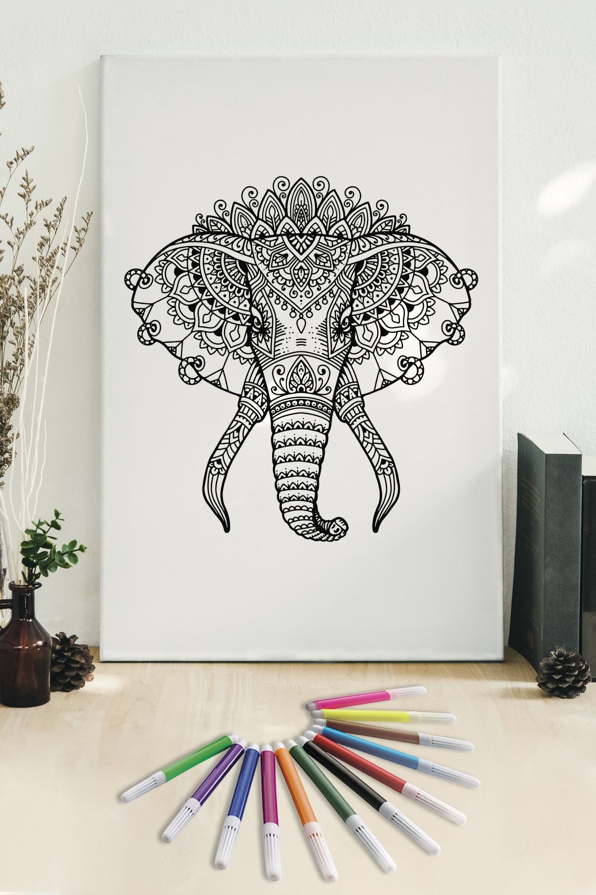 Hediyeler Kapında 50x70 Fil Boyanabilir Kanvas Mandala Tuval + 12'li Keçeli Kalem