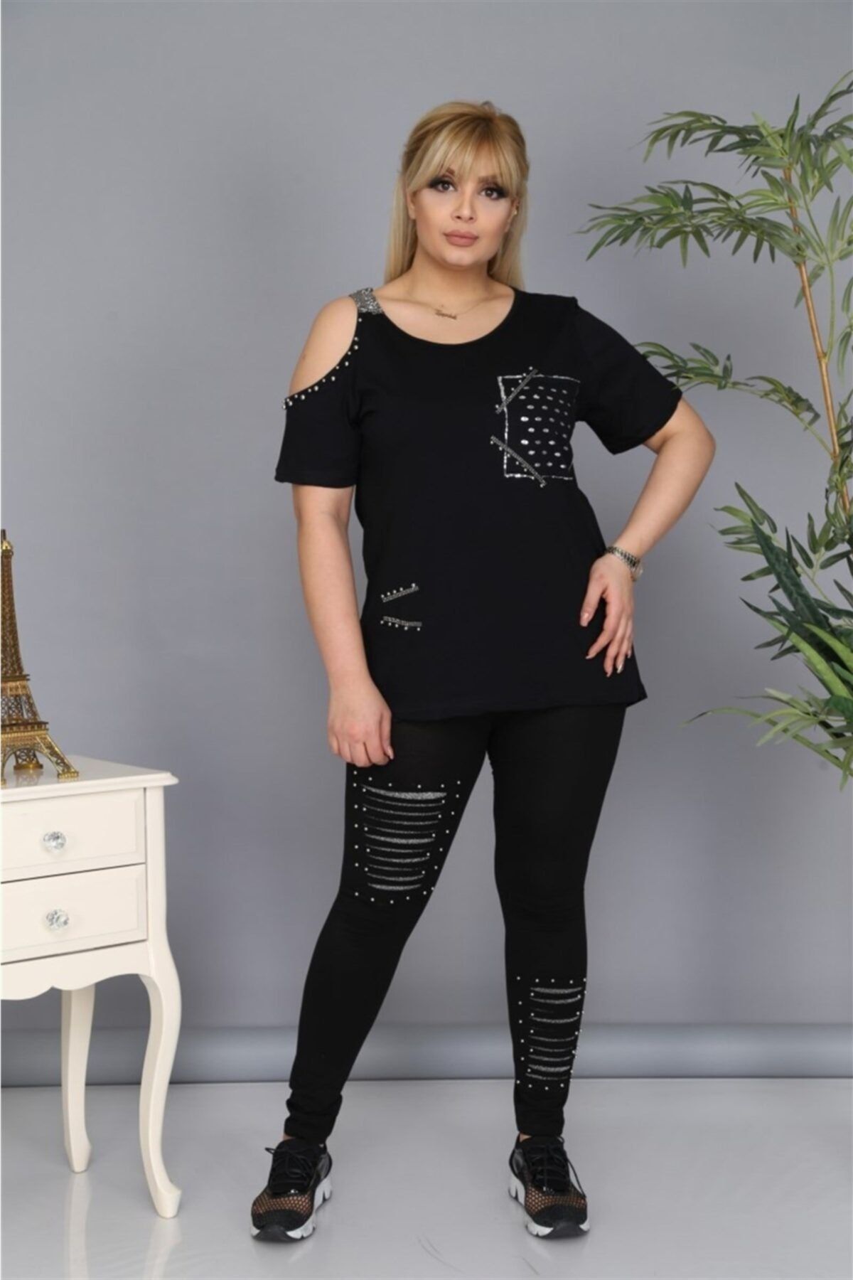 Mia Butik Kadın Tek Omuz Taşlarla Süslenmiş Takım