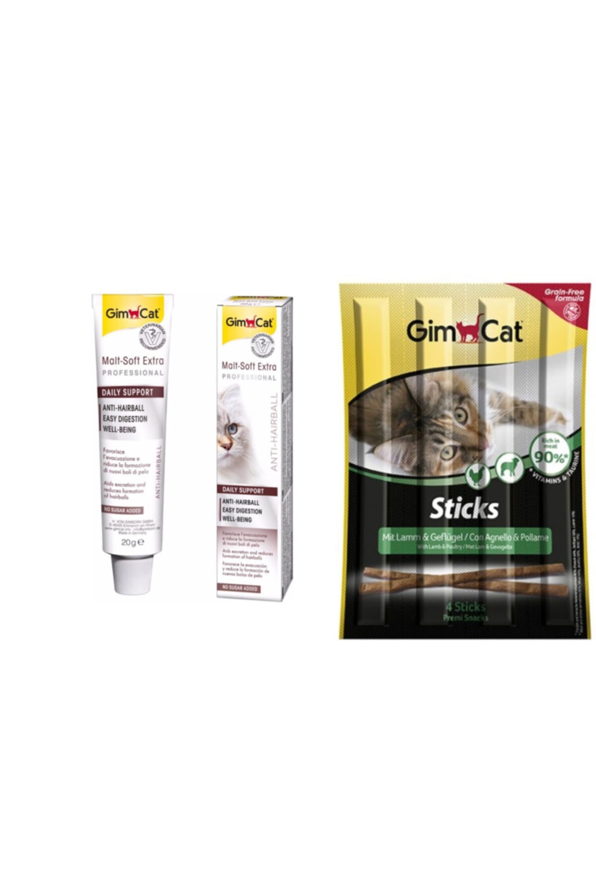 Gimcat Anti-hairball Malt 20 gr Paste Kedi Macunu + Sticks Kuzu Etli Ve Tavuklu Kedi Ödülü1 paket 20 gr