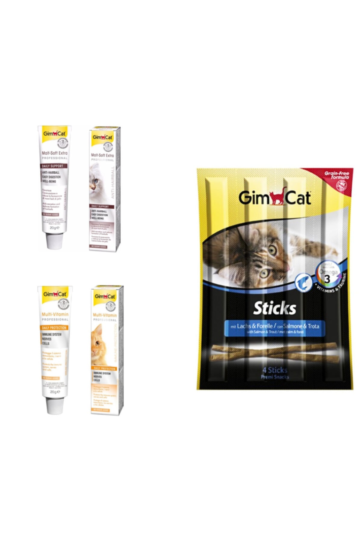 Gimcat Multi Vitamin Paste + Anti-hairball Malt Paste Kedi Macunları 20 g + Sticks Kedi Ödülü 20 g