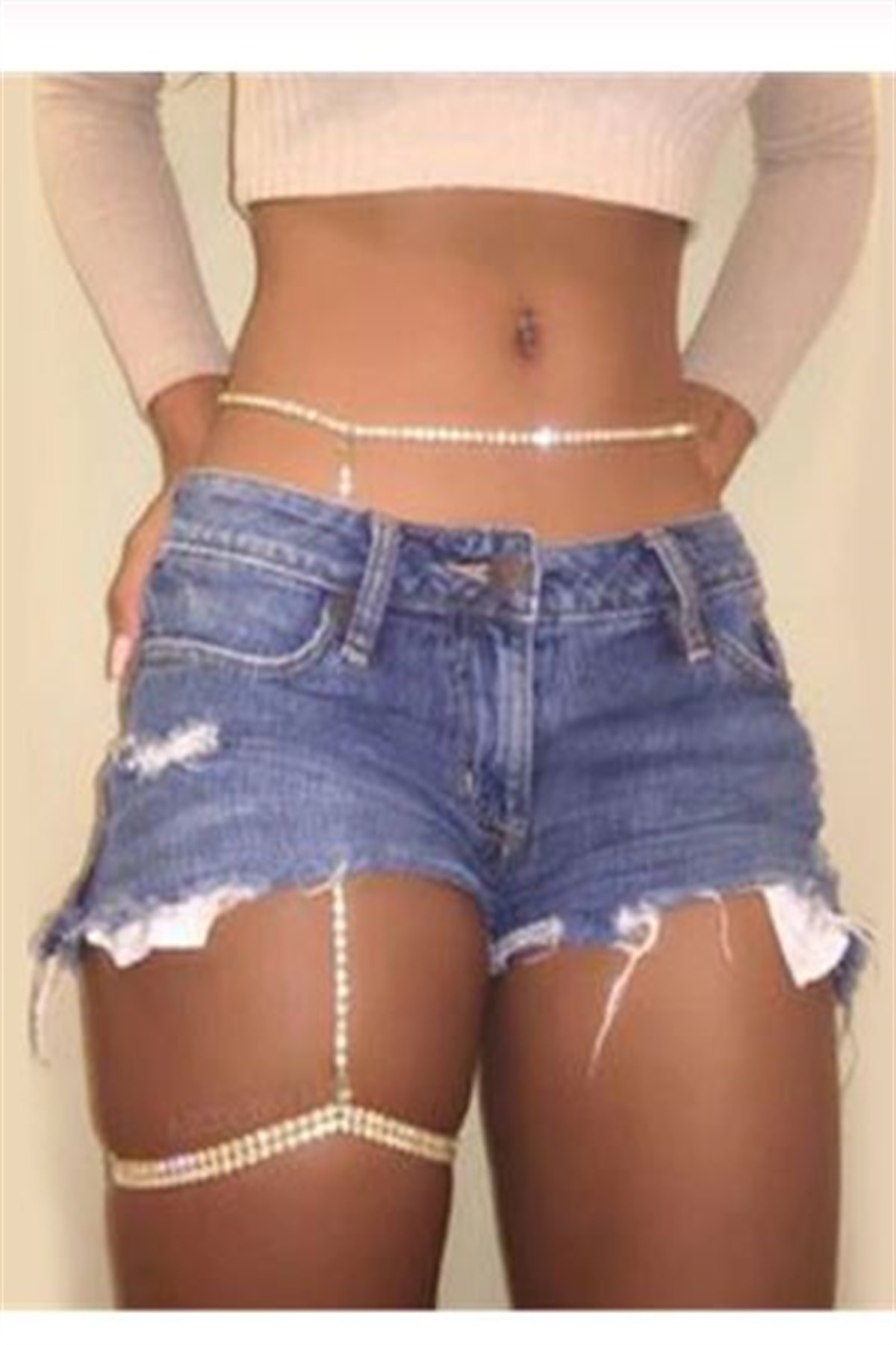 HUBAN Şerit Taşlı Seksi Stylish Bacak, Bel, Vücut Zinciri, Vücut Aksesuarı - Silver