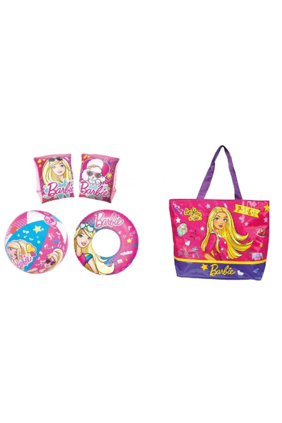Barbie Lisanslı Deniz Ve Havuz Çocuk Can Simidi Kolluk Ve Top Yüzme Seti + Lisanslı Çocuk Plaj Çantası