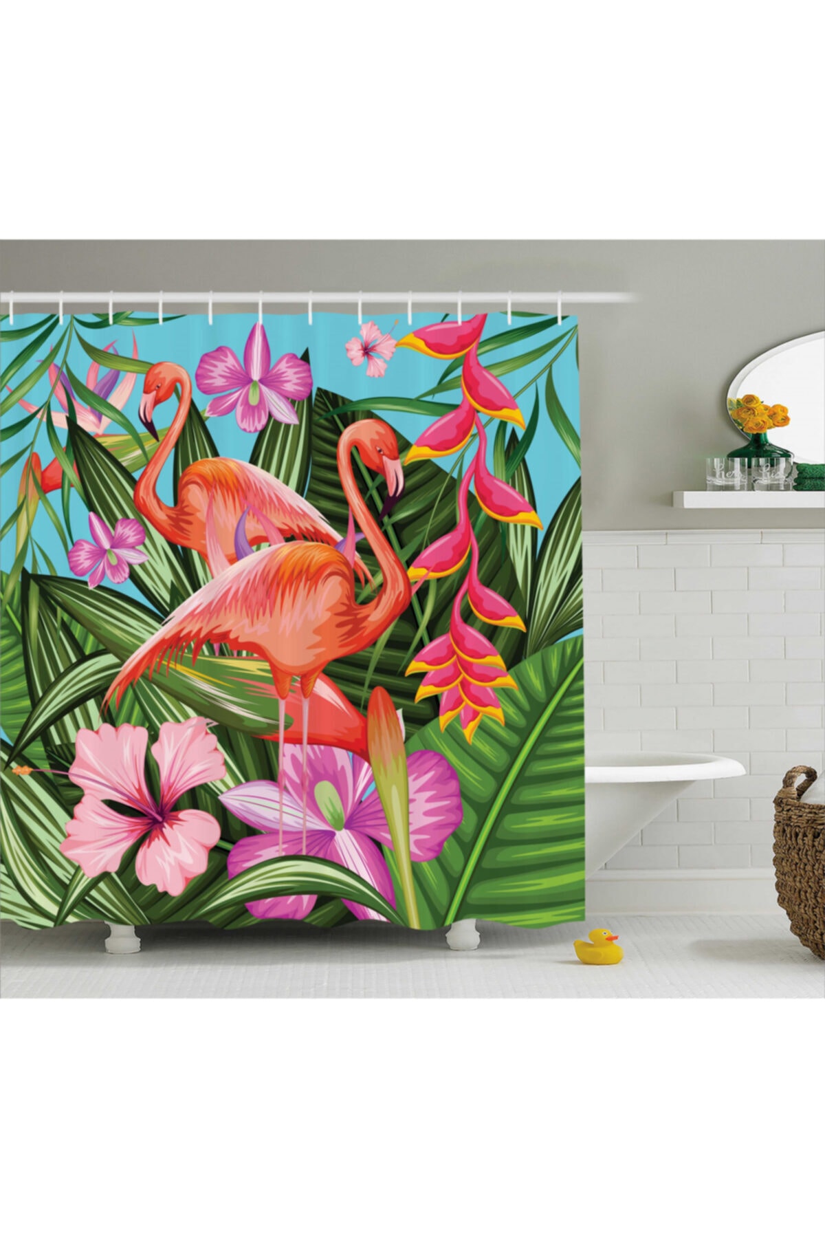 Orange Venue Hayvan Deseni Duş Perdesi Çiçekler ve Flamingo Rengirenk