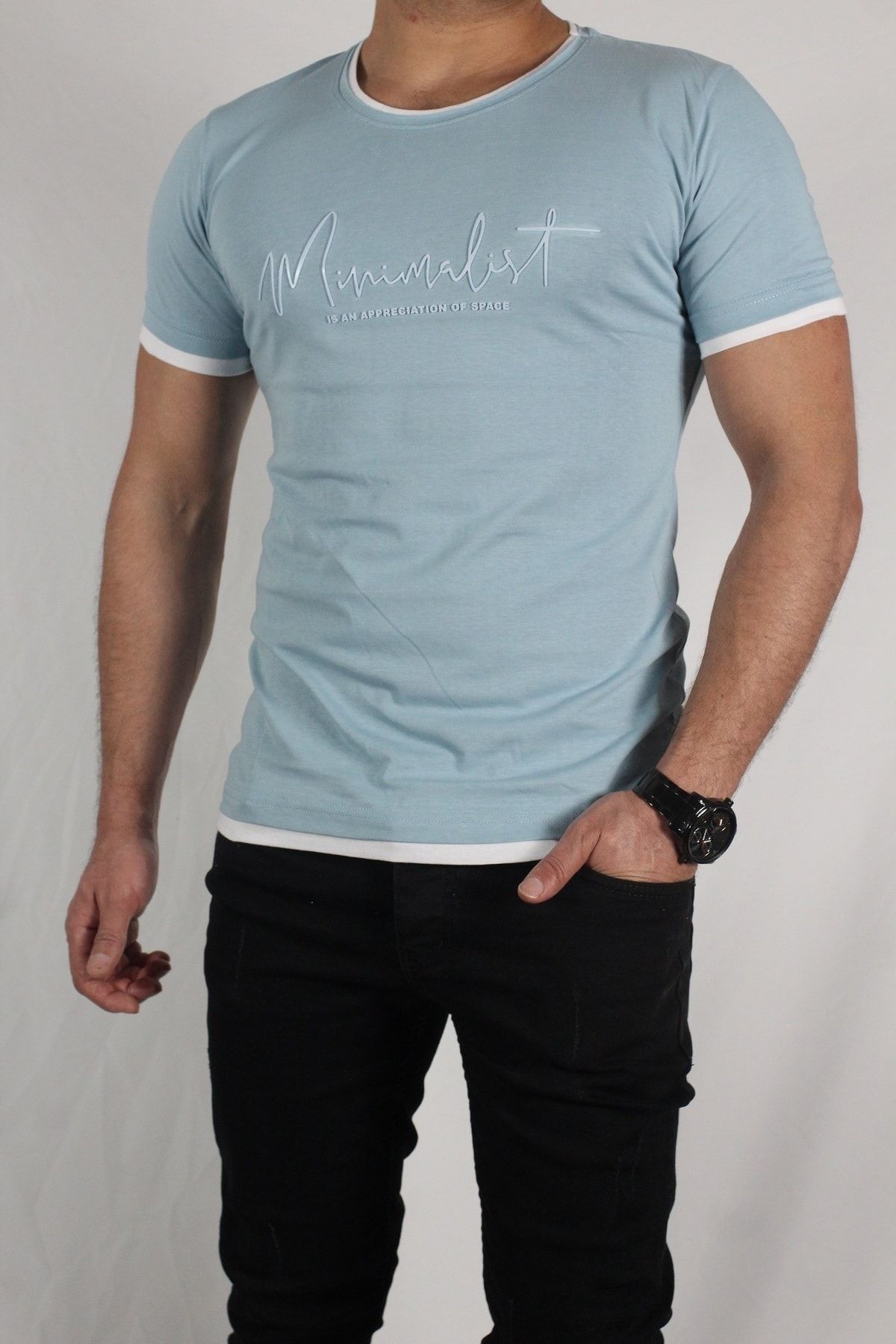 Trendmany Erkek Mavi Minimalist Baskili Pamuklu T Shirt Trendyol