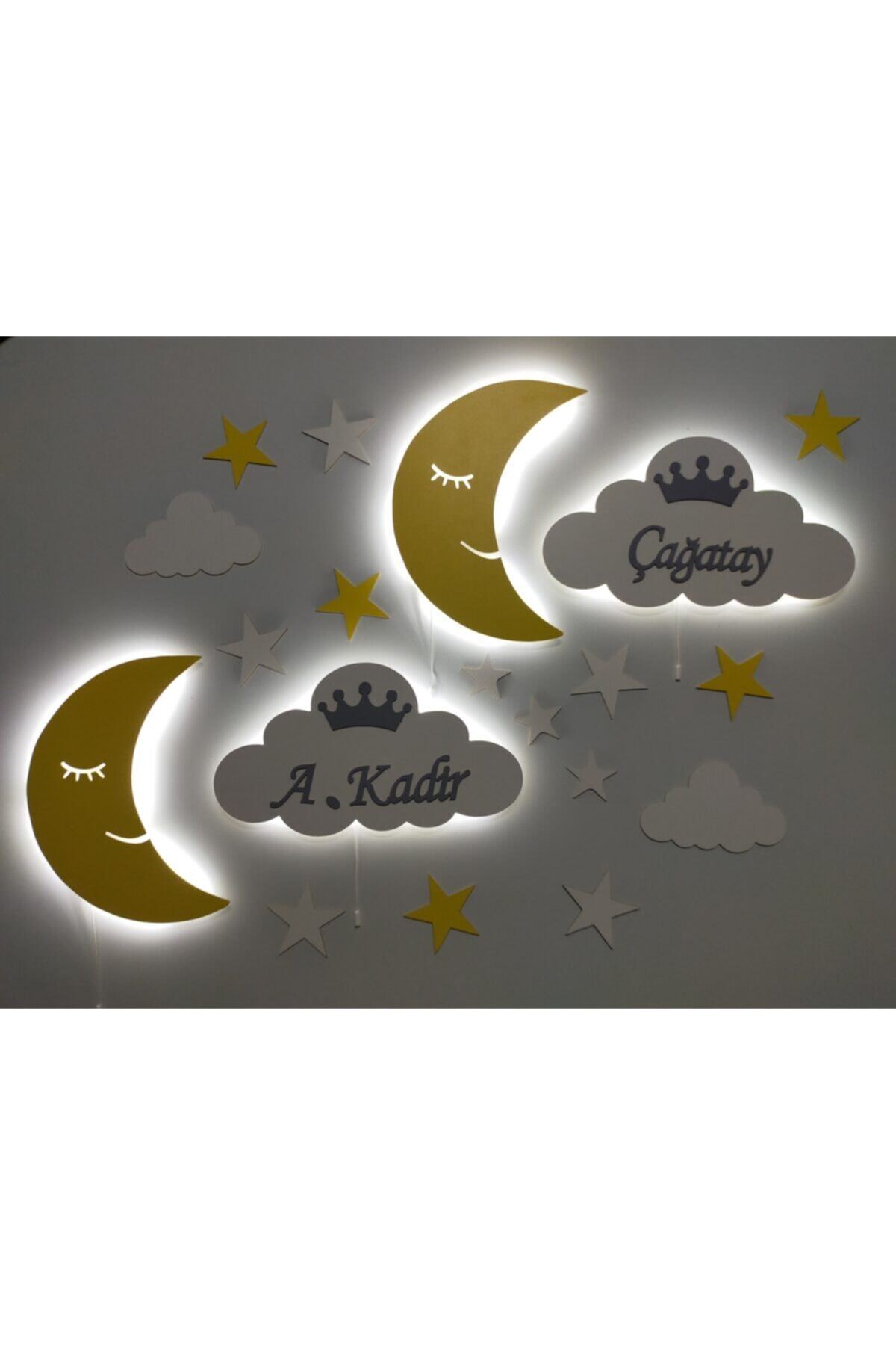 fabrikahşap Çocuk Odası Dekoratif Ahşap 2 Ay 2 Bulut Balon Gece Lambası Ledli Aydınlatma