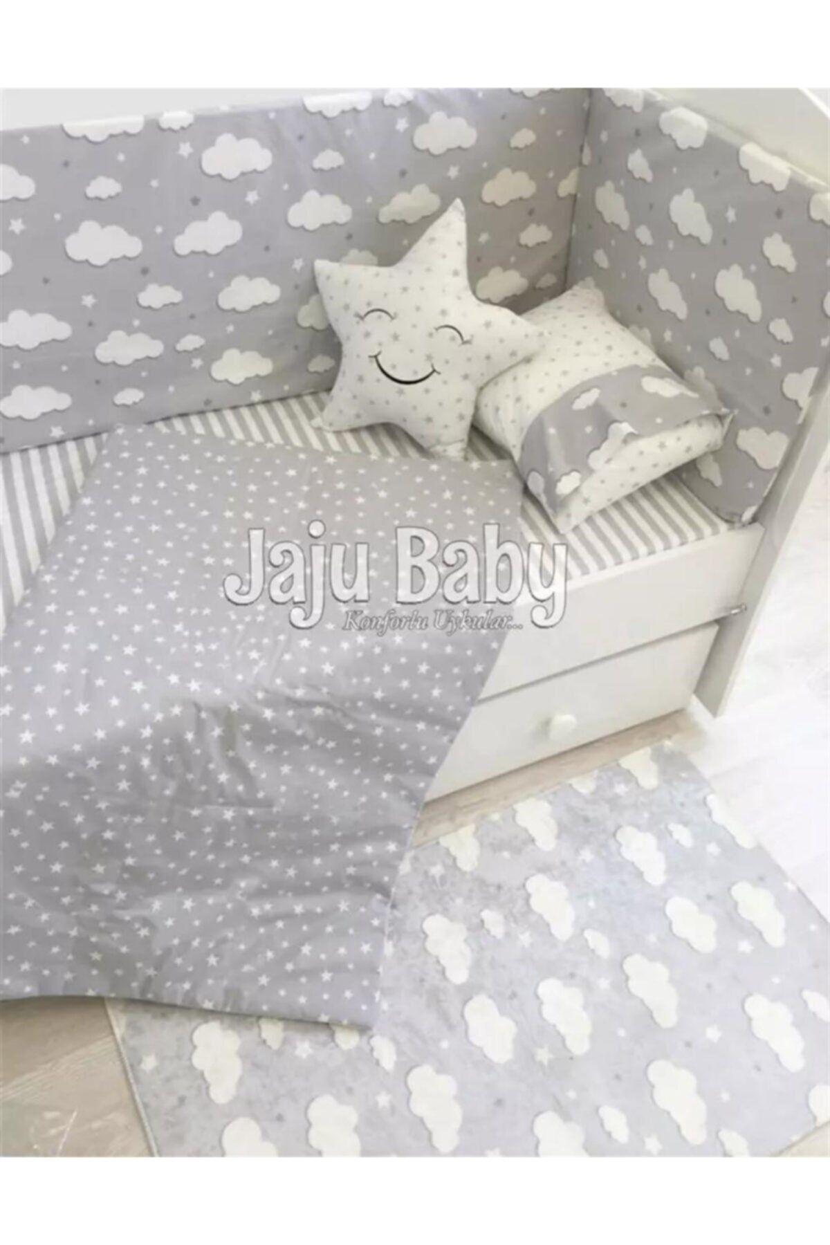 Jaju Baby 80x130 Gri Bulut Desenli Bebek Nevresim Takımı Ve Kenar Koruma
