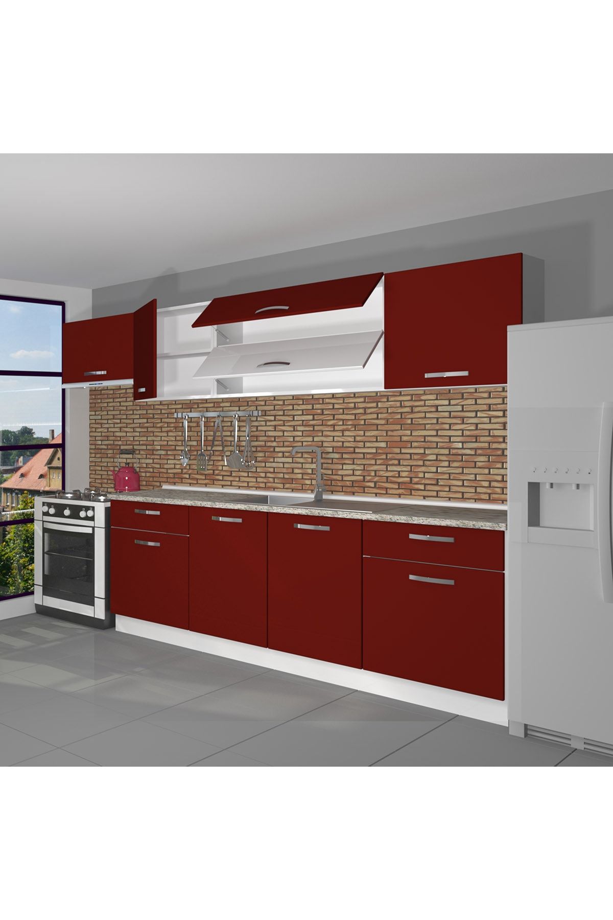 Decoraktiv Hazır Mutfak Dolabı Prestij 280 Cm Bordo -tezgah Dahil