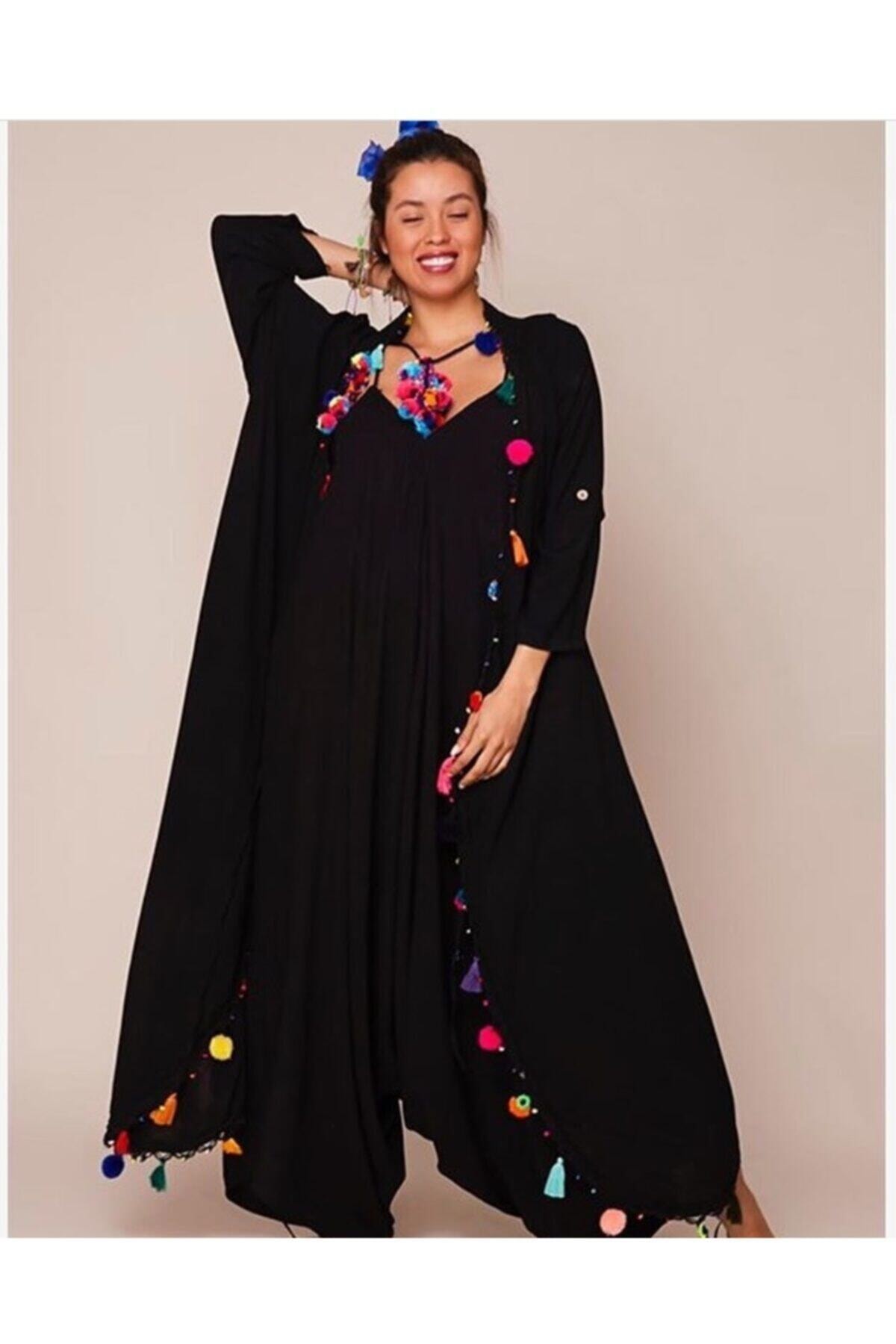 ZTO Kadın Siyah Bohem El işlemesi Detay Kaftan