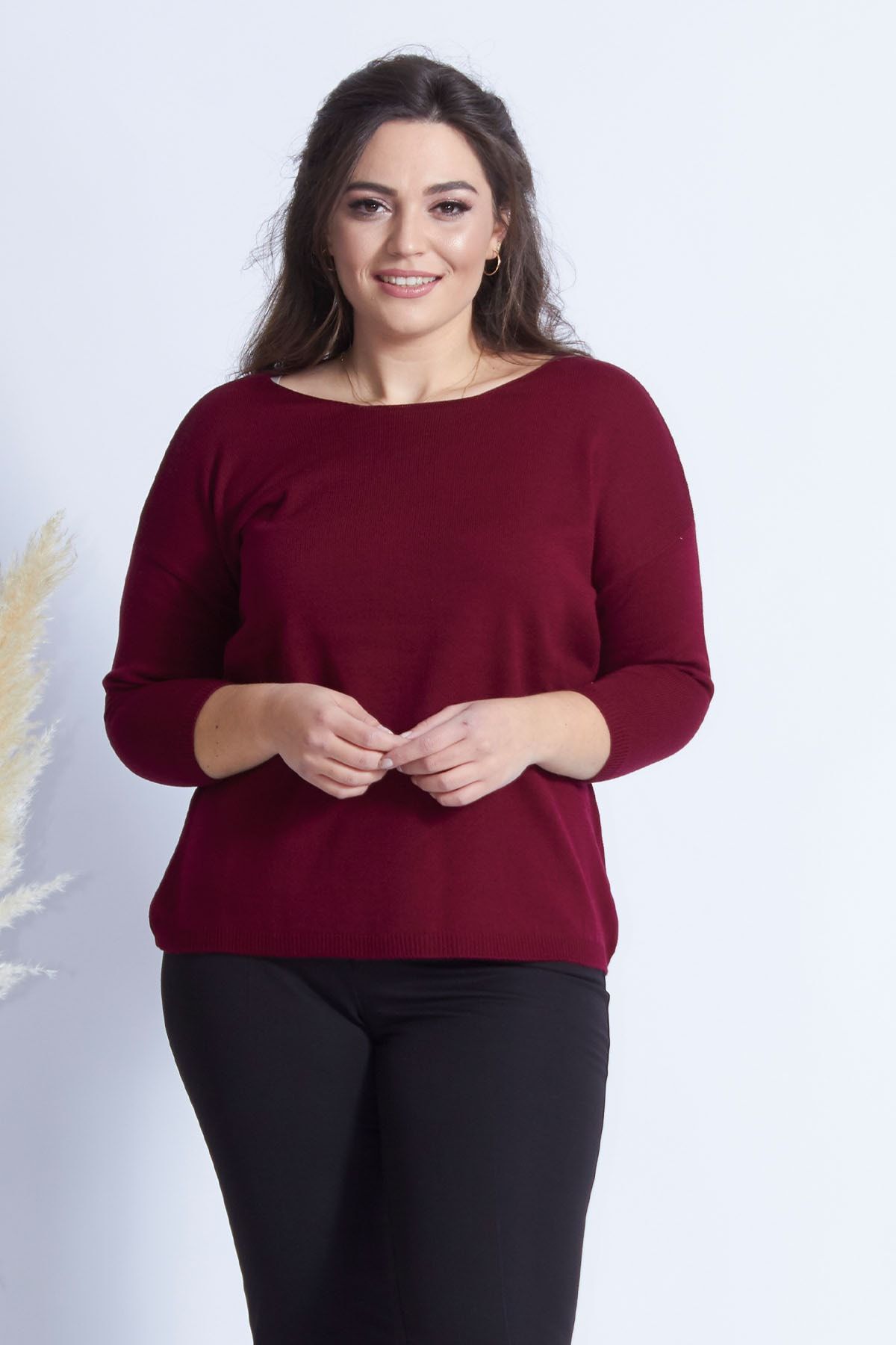 Moda Berray Kadın Bordo Truvakar Kol Büyük Beden Triko 4010