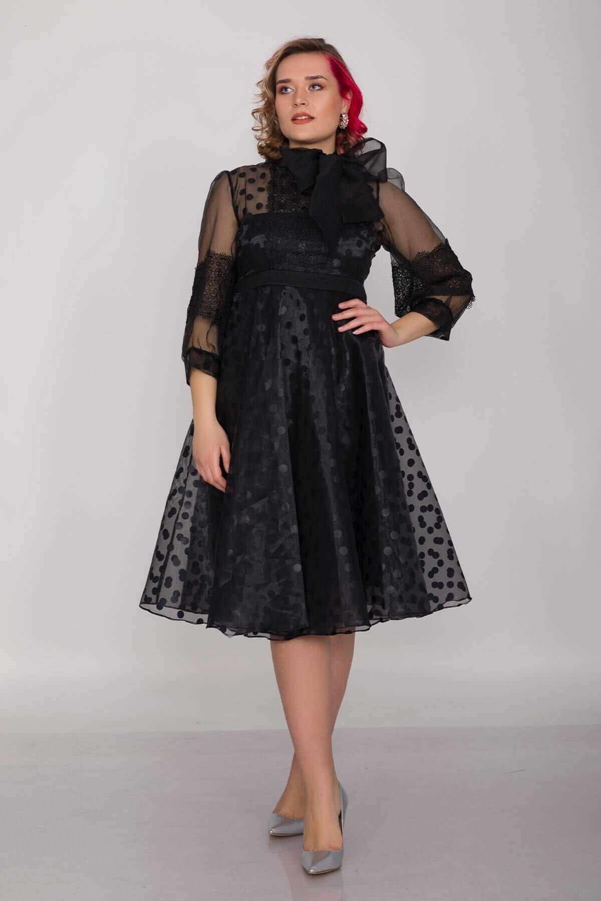 PRETO 910097 Bb Astarlı Tül Kol Puanlı Organze Kısa Elbise