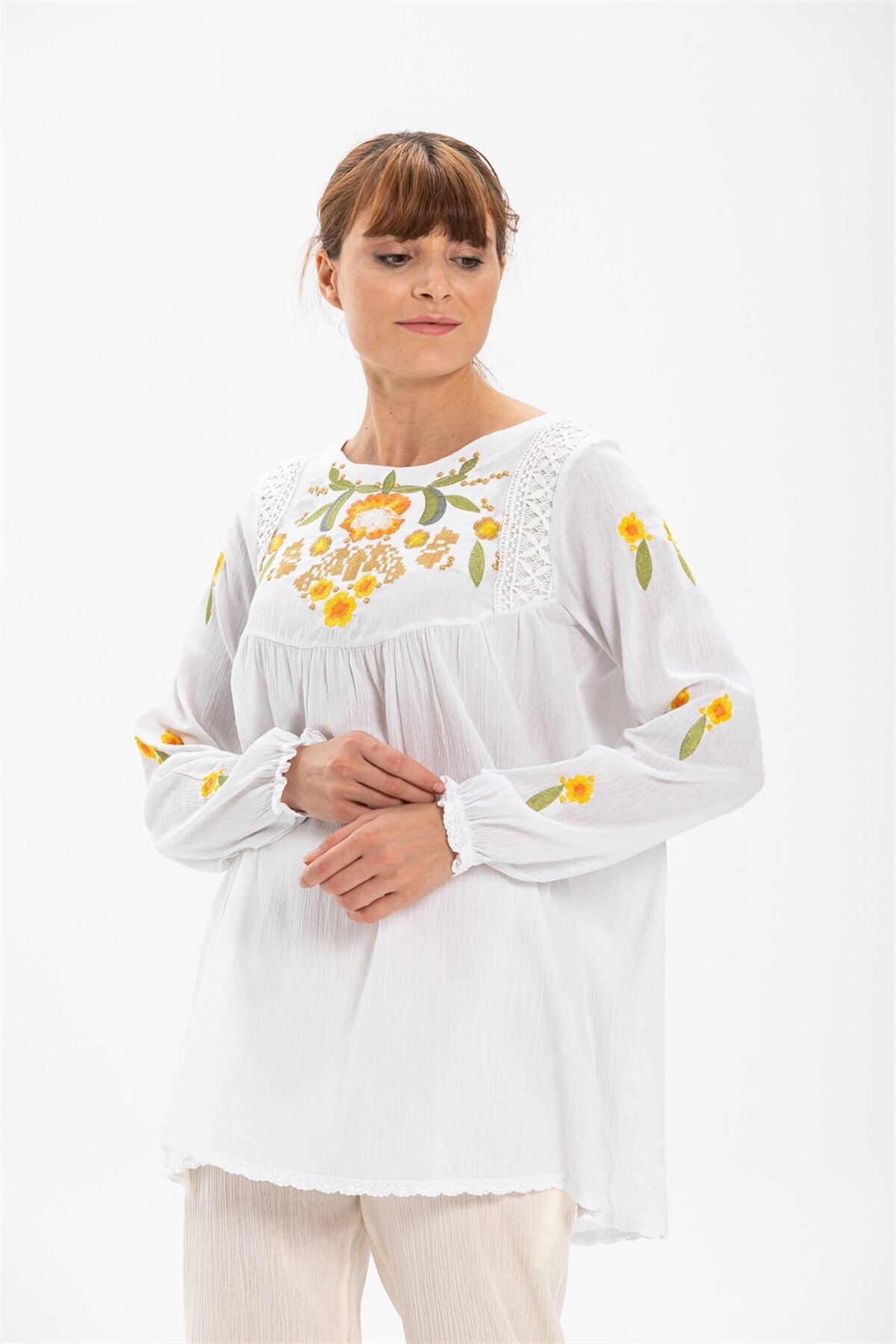 Eliş Şile Bezi Uzun Kol Şile Bezi Reyhan Bluz Beyaz