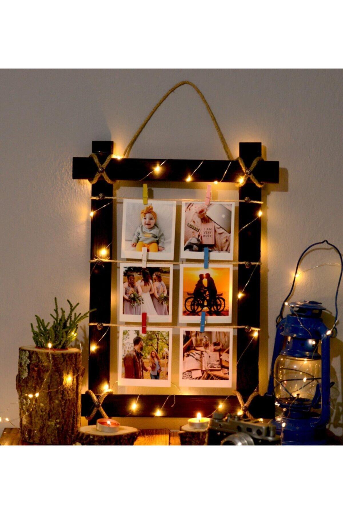 Anısepeti Siyah Ahşap Led Işıklı Ipli Mandallı Fotoğraf Çerçevesi 35x50 cm