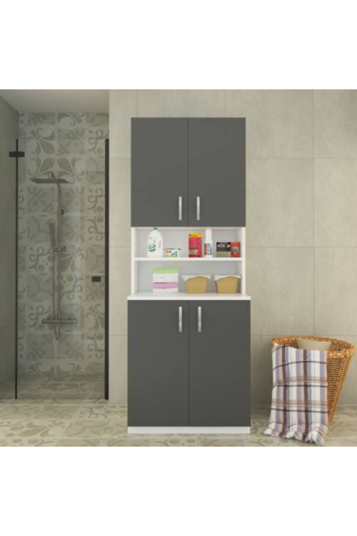 indirim rüzgarı Antrasit Banyo Raflı Kapaklı Çamaşır Makinesi Dolabı