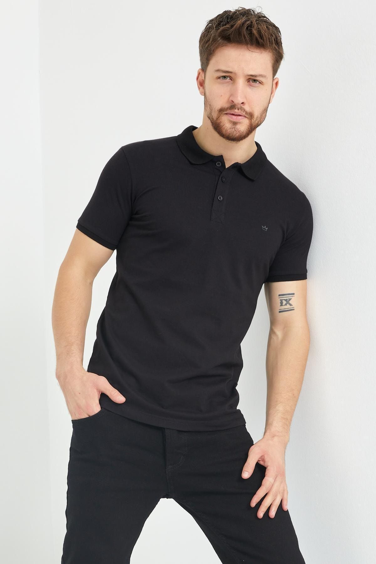 Danger Erkek Siyah Polo Yaka Basic Slim Fit T-shirt