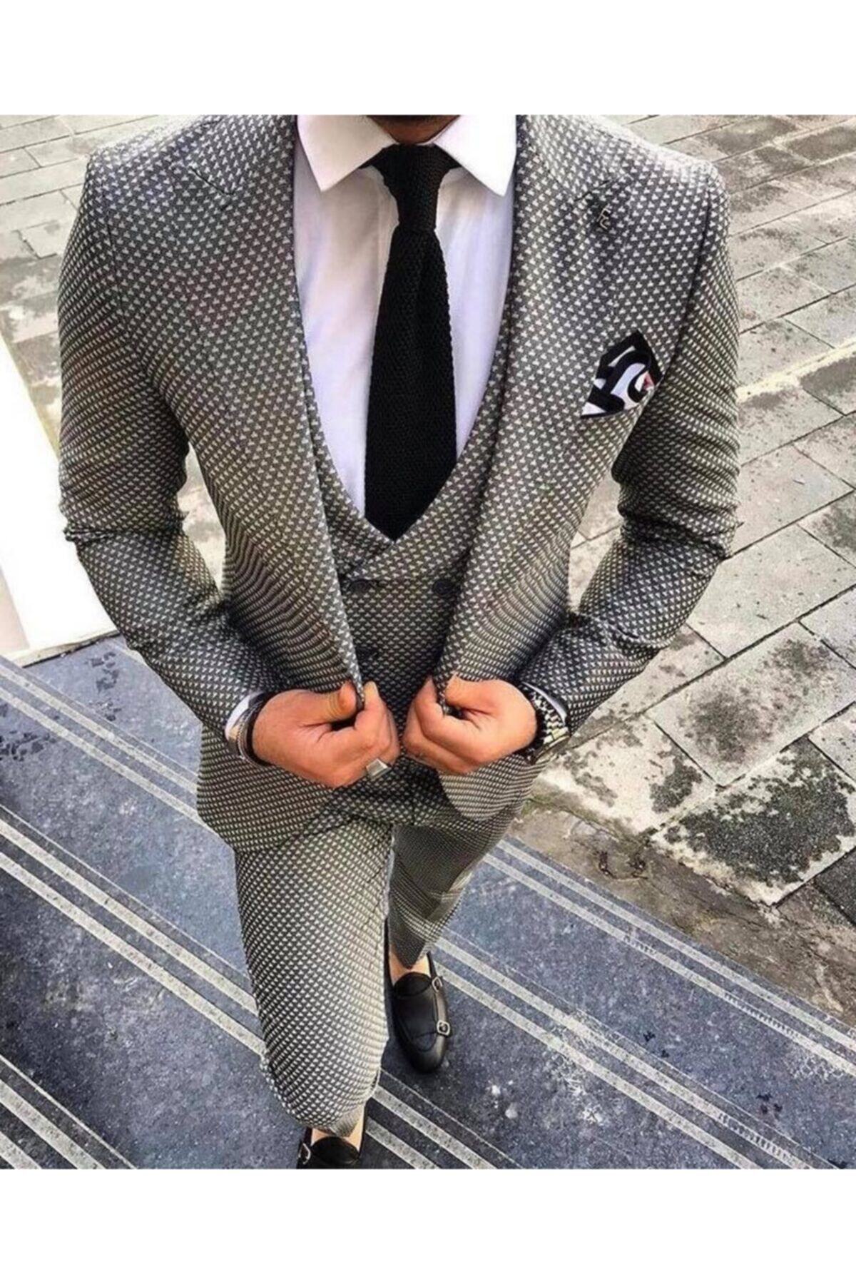 ERK Gri Slim Fit Yelekli Takım Elbise