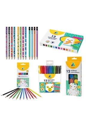 Boya Seti 12 Li Kuru - Sulu - Pastel- Keçeli Boya - Kurşun Kalem Set Image 0