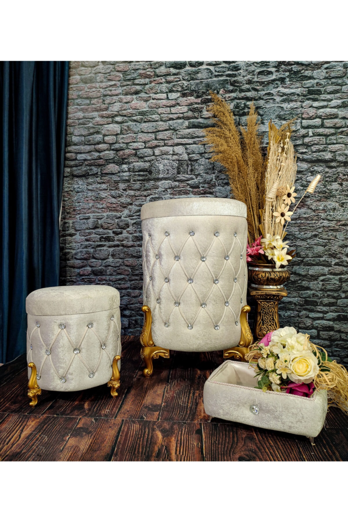 Çt Çeyizci Tekstil Krem Kadife Yuvarlak Sepeti Mdf Malzeme Çamaşır Sepeti