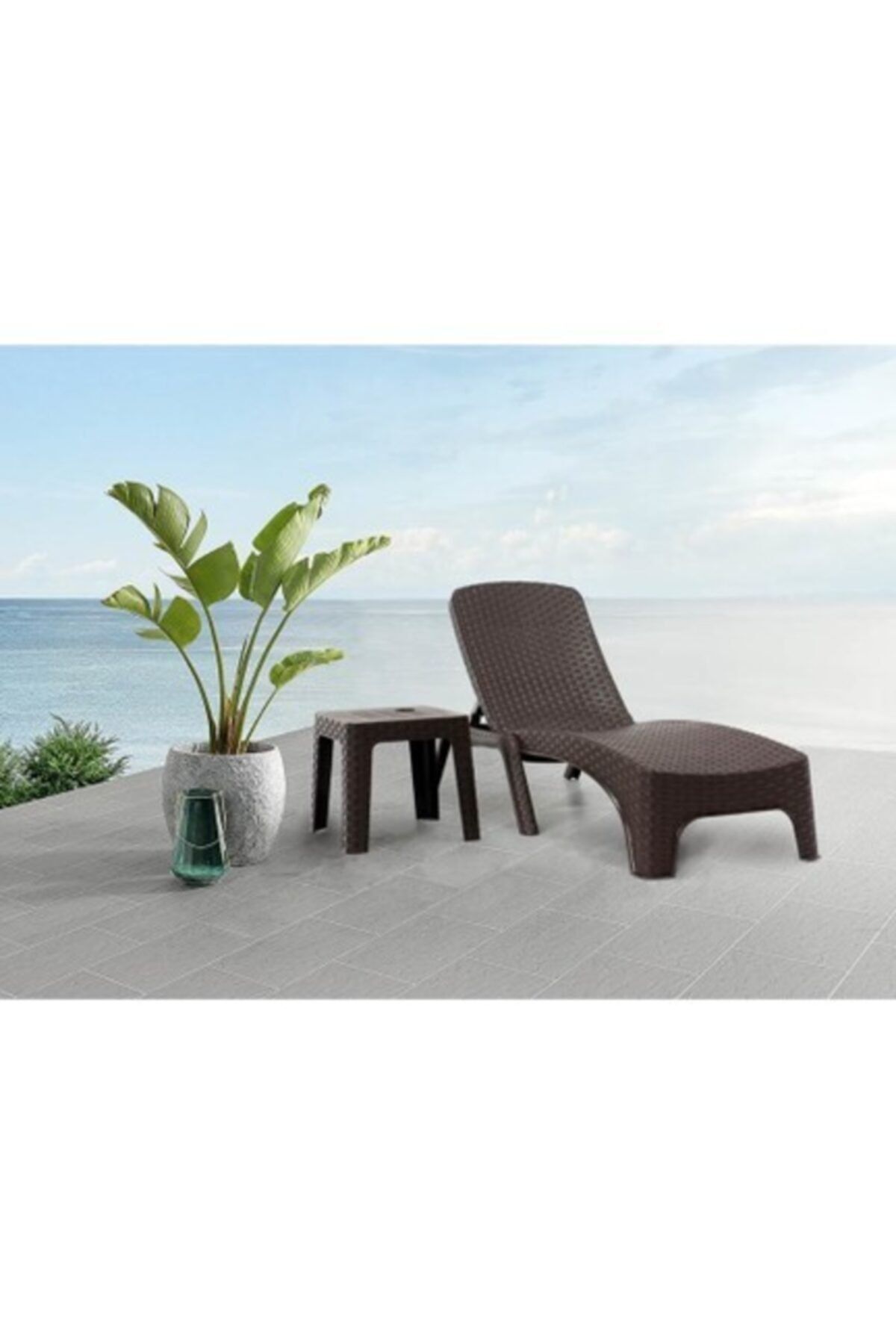 Rainbow Kahverengi Şezlong 2 Adet 2 Sehpa 2 Minder Rattan