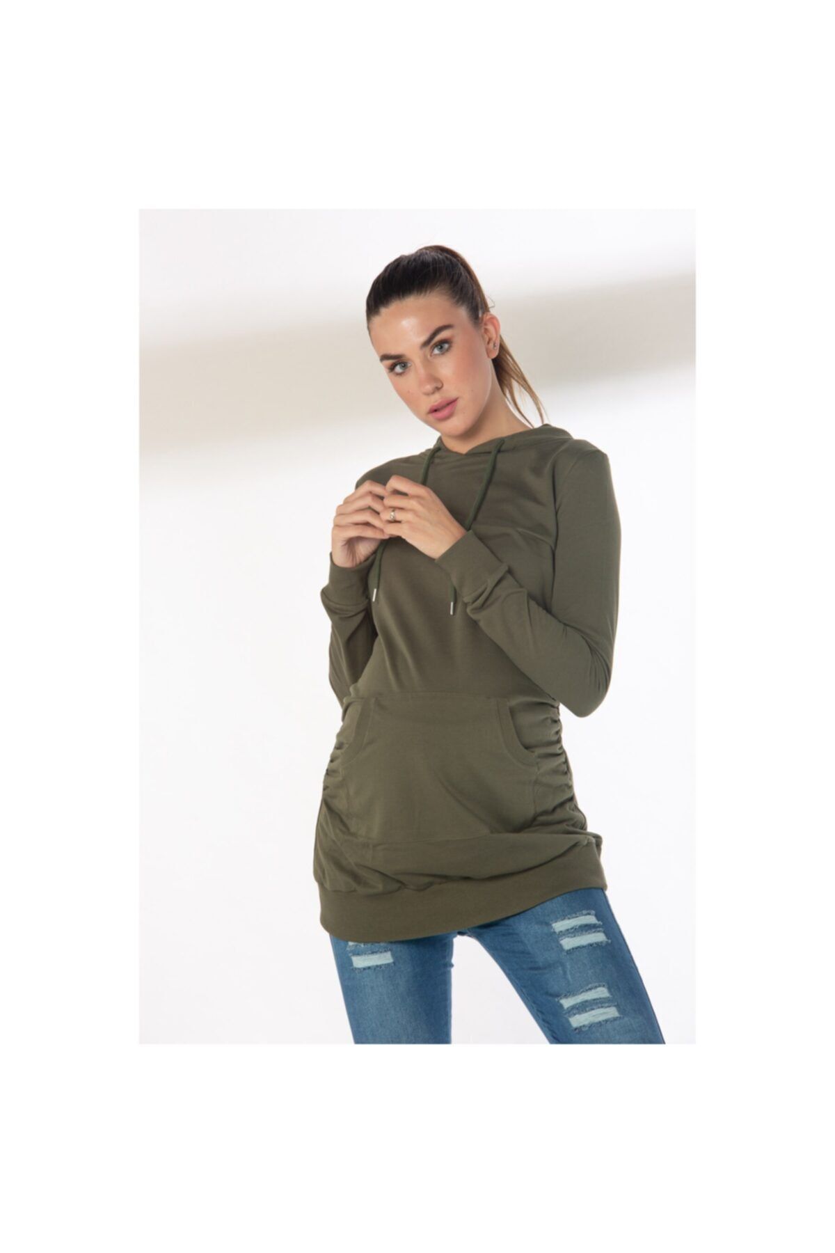 Görsin Hamile Kadın Haki Kapüşonlu Hamile Sweatshirt