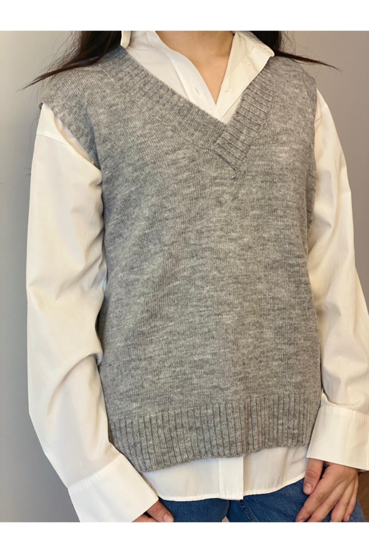 Zhena Butik Kadın Oversize Triko Gri Süveter