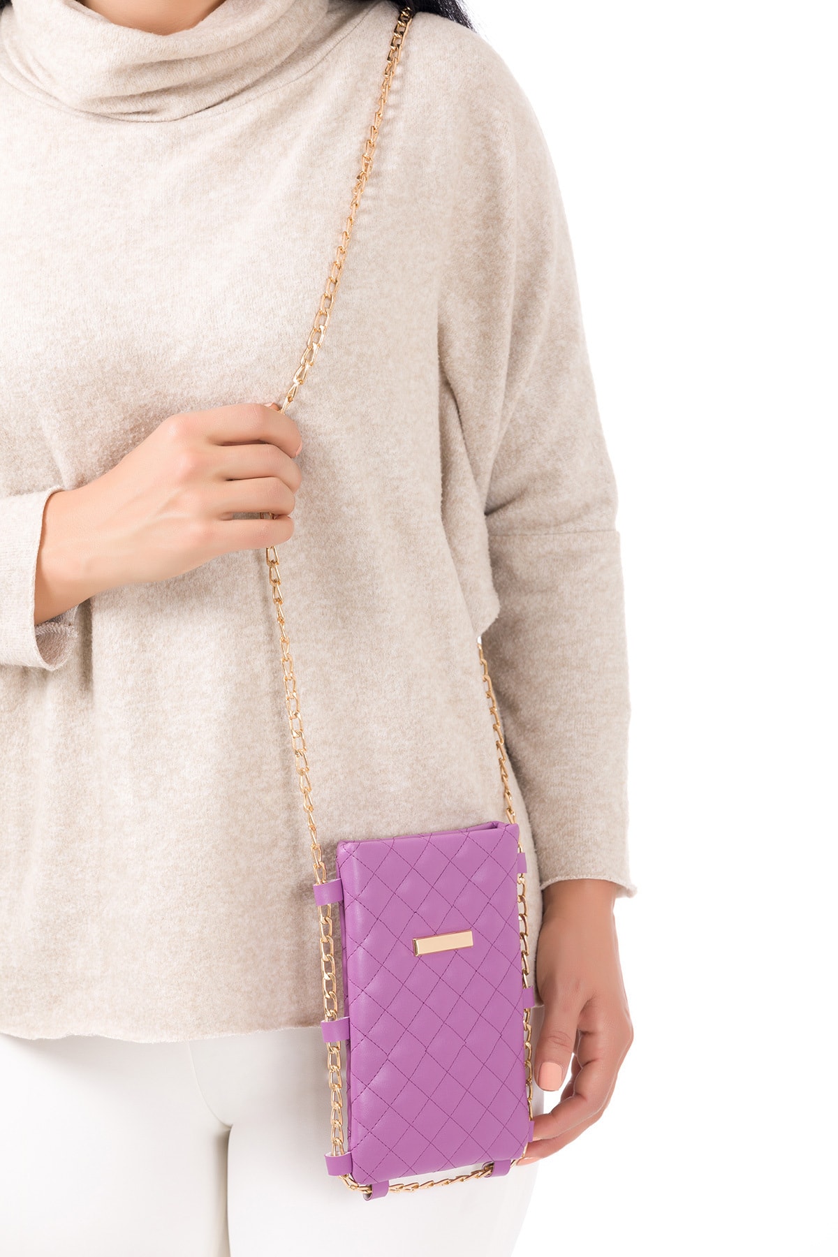 BAGzy Kadin Eflatun Zincirli Küçük Telefon Çantası