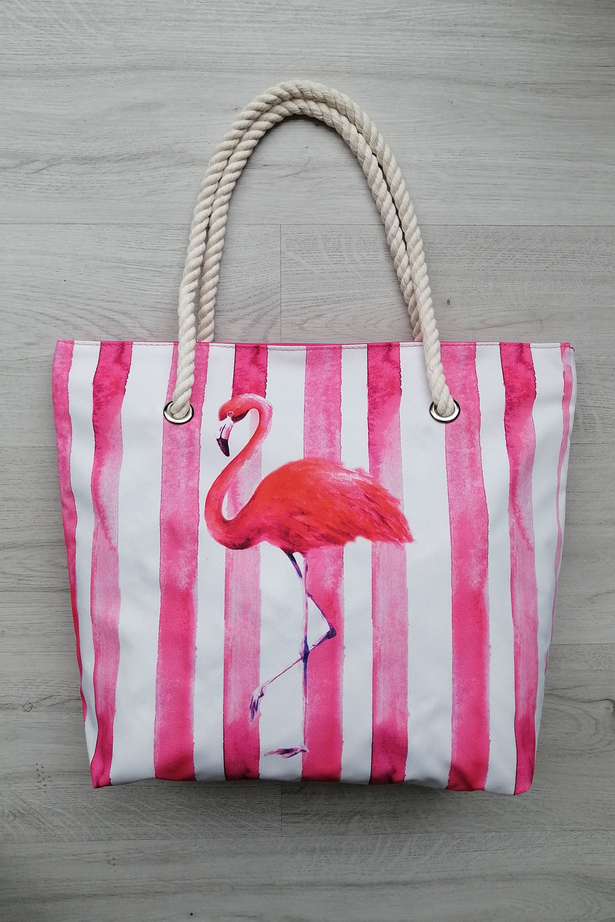 AGOÇANTA Kadın Pembe Çizgili Flamingo Plaj Çantası