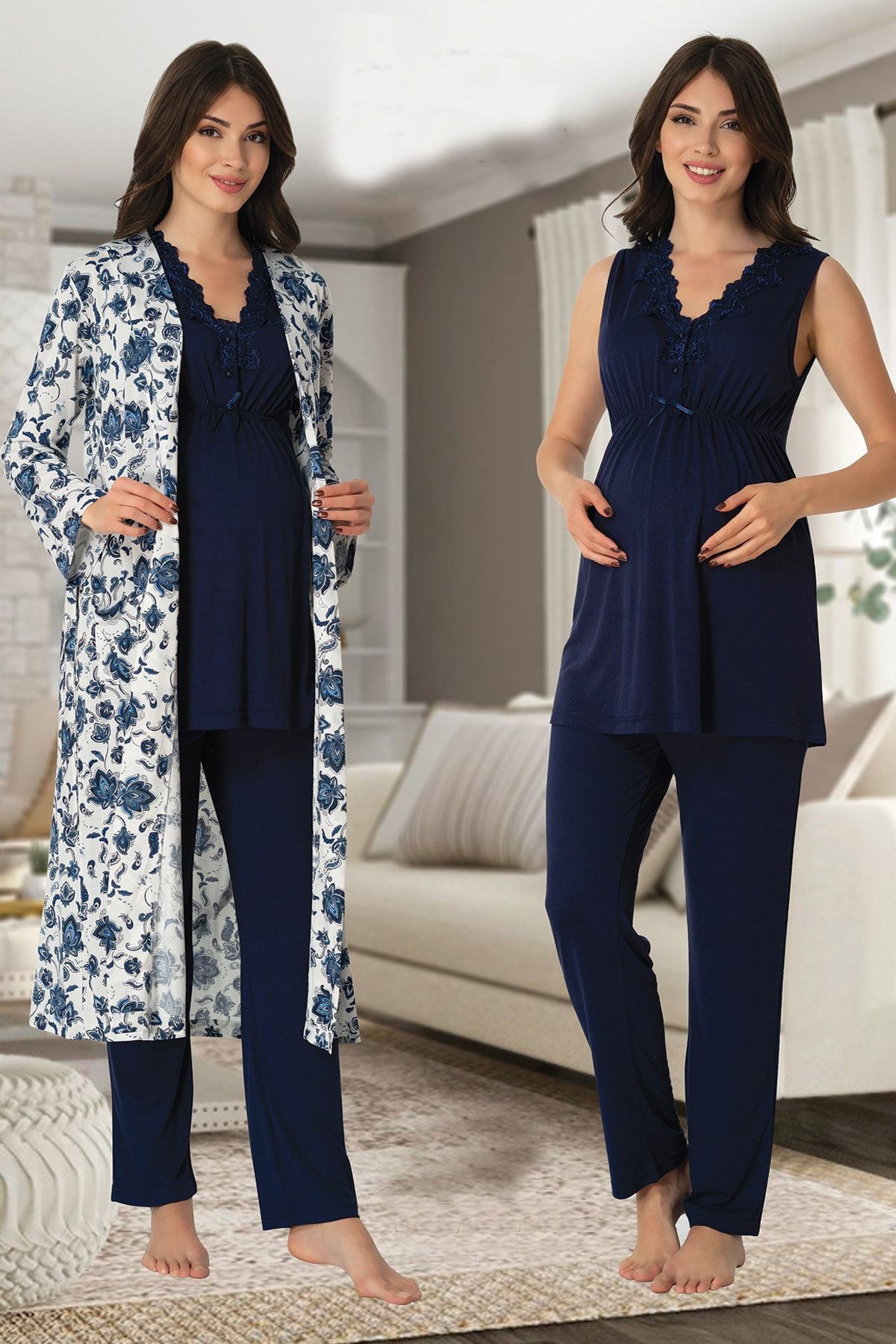lohusahamile Kadın Lacivert Desen Sabahlıklı Lohusa Pijama Takımı 8034