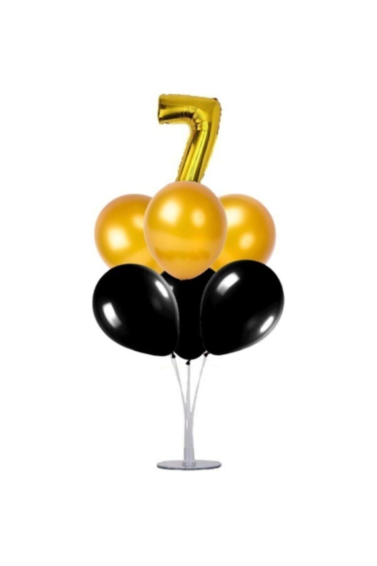 Şeker Adası 7 Yaş Rakam Folyo Balon Altın Gold 40 Cm, Balon Stand, 6 Adet Balon, Doğum Günü, Yaşgünü, Parti