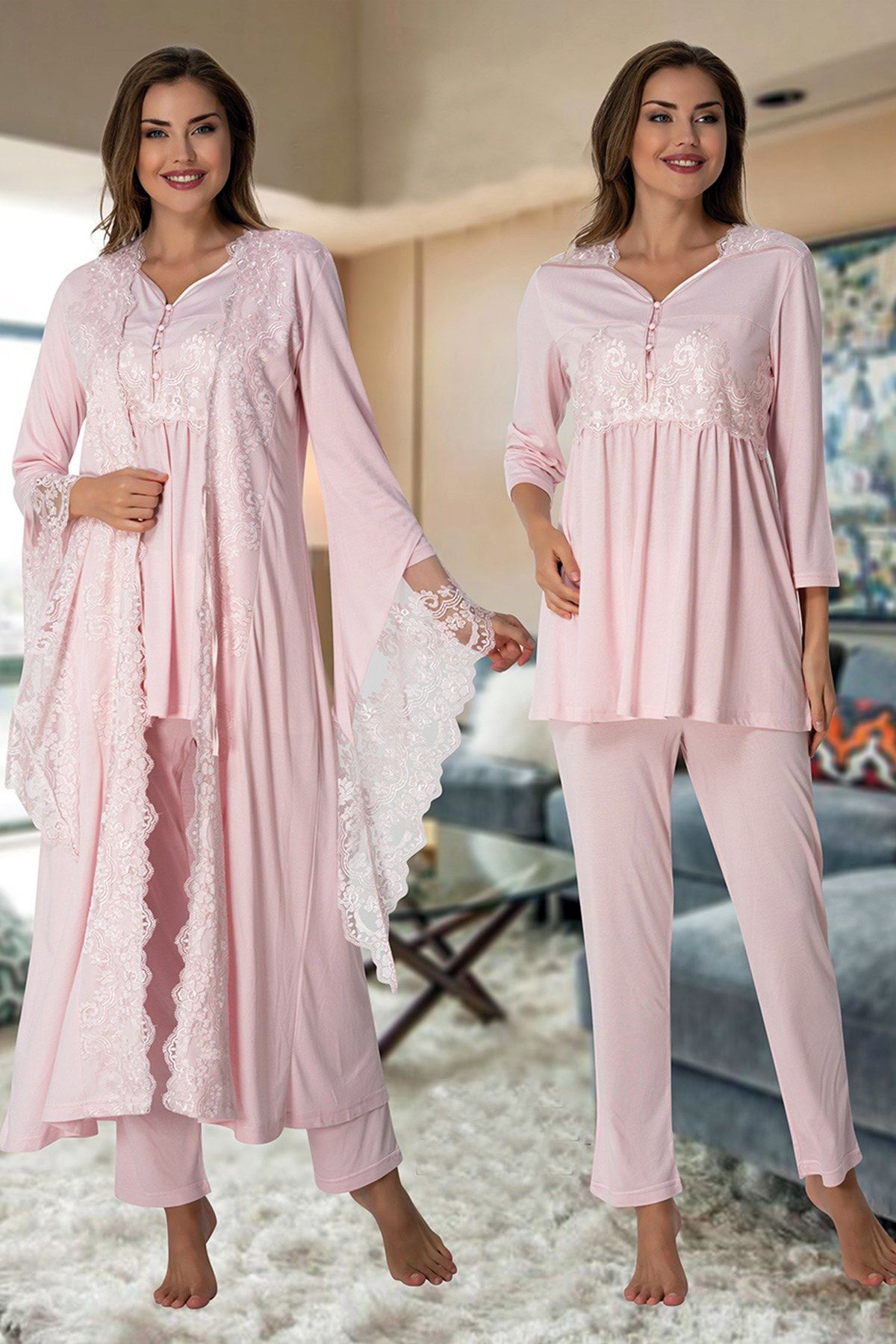 Effortt 3015 Kadın Pudra Prenses Sabahlıklı Lohusa Pijama Takımı