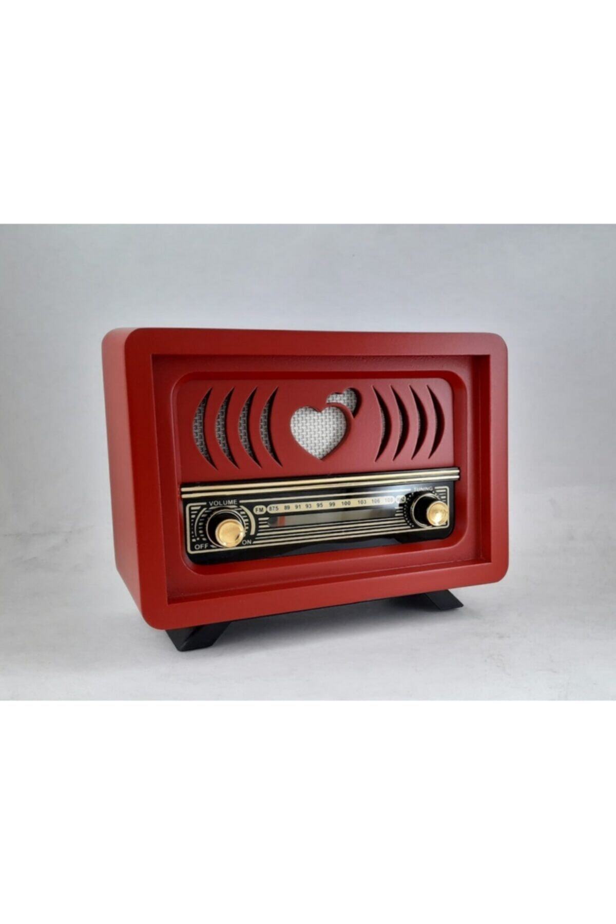 NETAVANTAJ Bluetoothlu Usb Aux Girişli Nostaljik Ahşap Radyo Kalpli Aşiyan Modeli Kırmızı