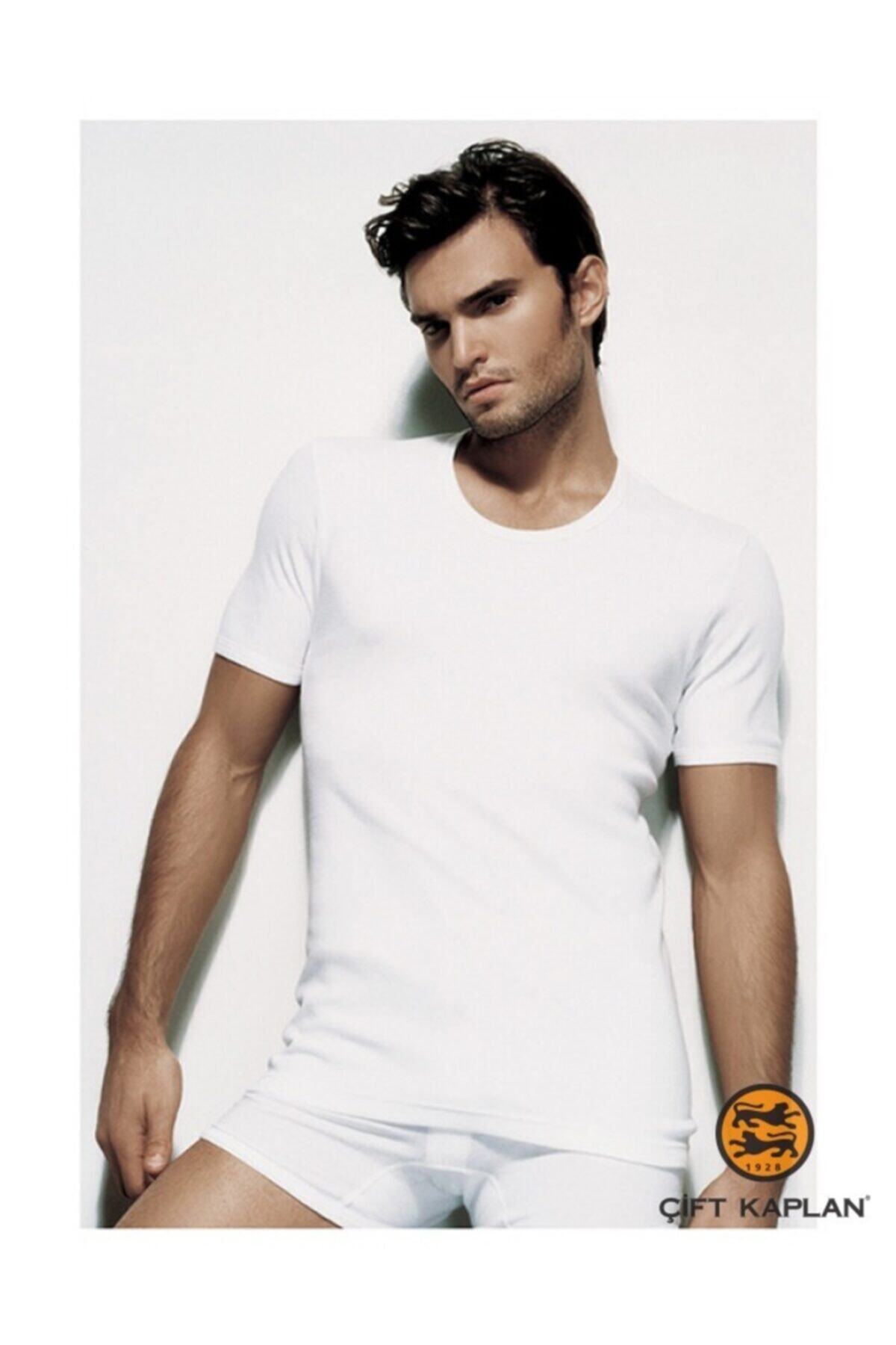 Çift Kaplan Erkek Beyaz 6'lı Ribana Bisiklet Yaka T-shirt Fanila 840