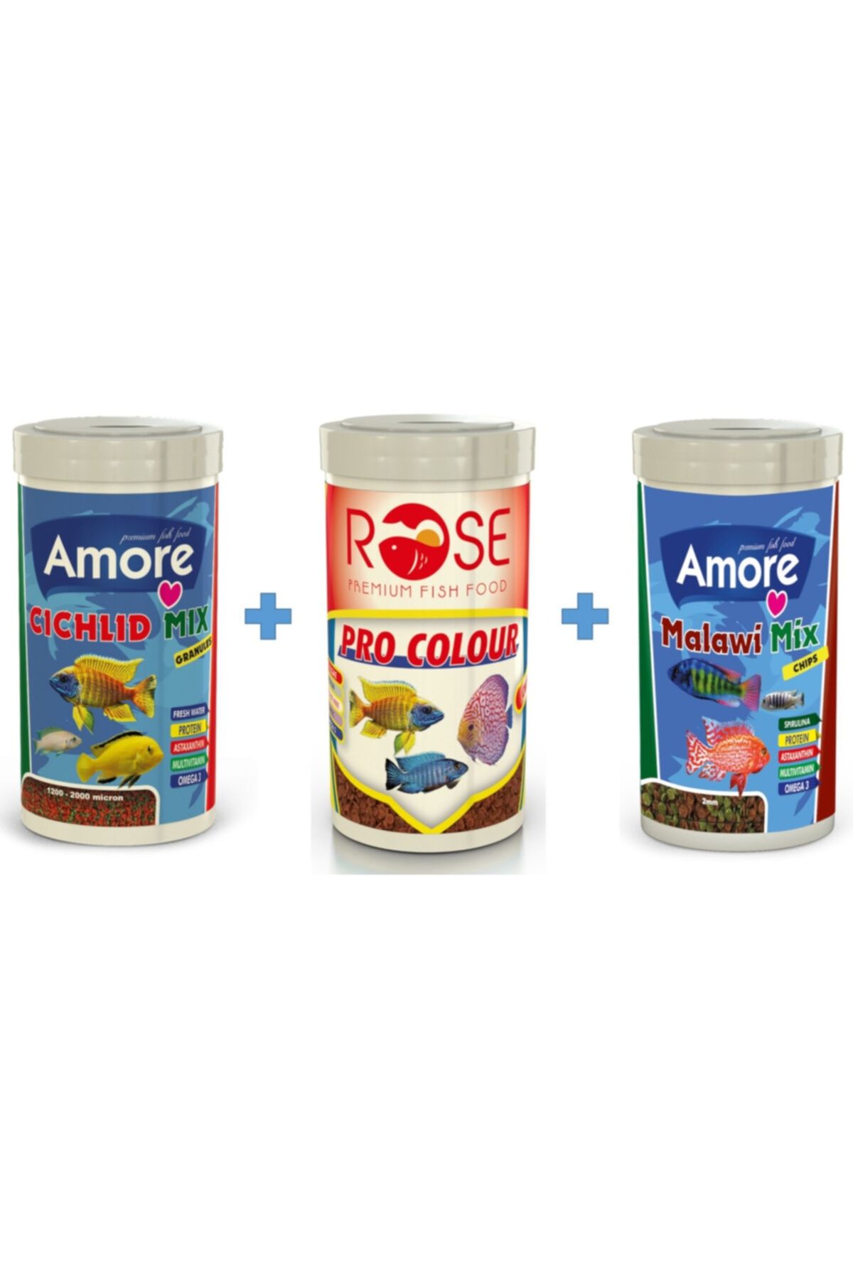 AMORE Cichlid Mix 250ml + Rose Pro Colour 250ml + Malawi Mix 250 Ml Kutu Ciklet Balık Yemi
