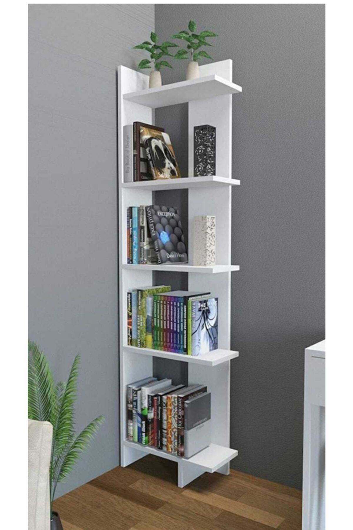 DEKORFİM Köşe Kitaplık 5 Raflı Beyaz