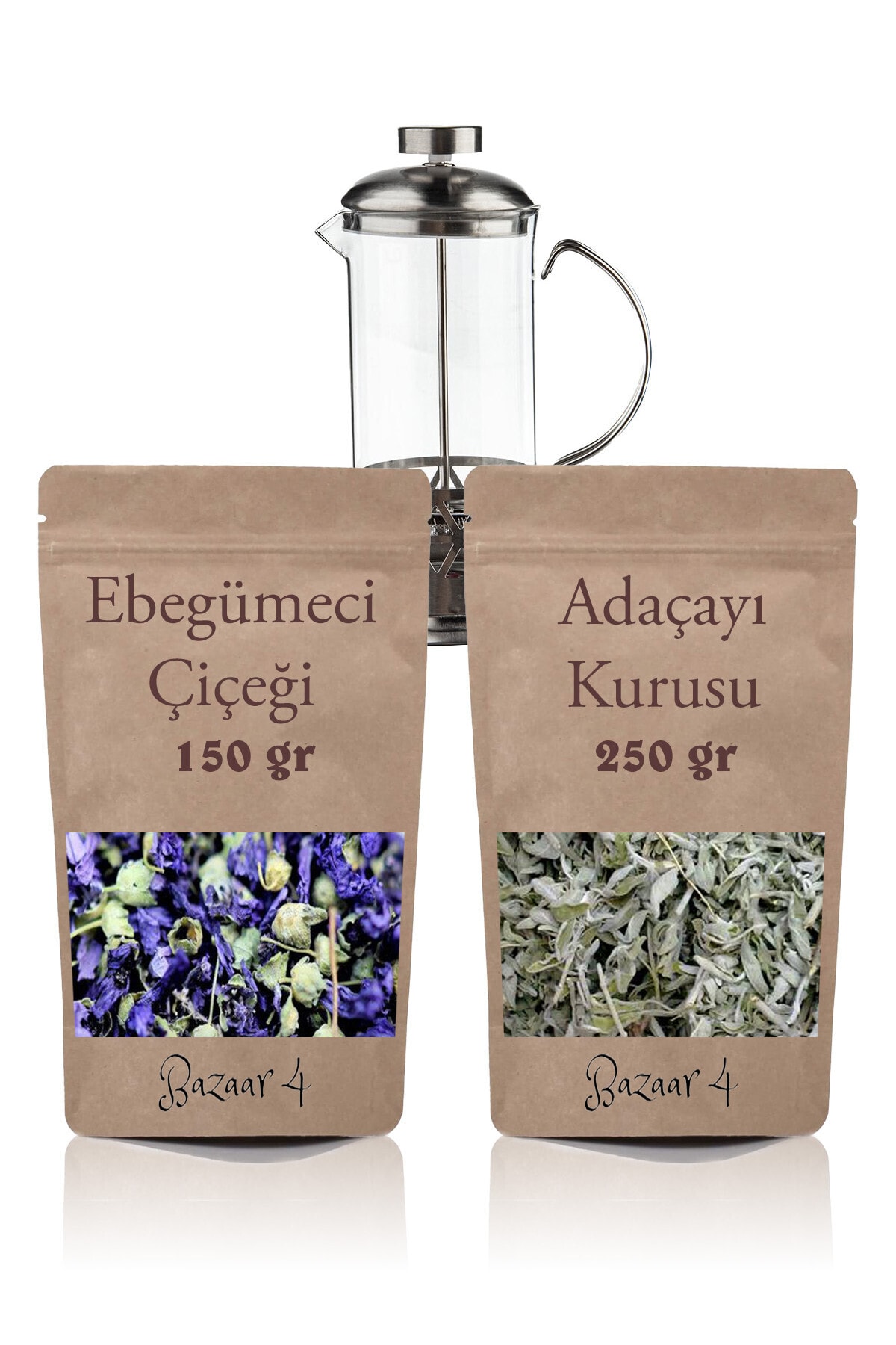 BAZAAR 4 Ebegümeci Çiçeği 150 Gr + Adaçayı Kurusu 250 Gr + Frenchpress 330ml